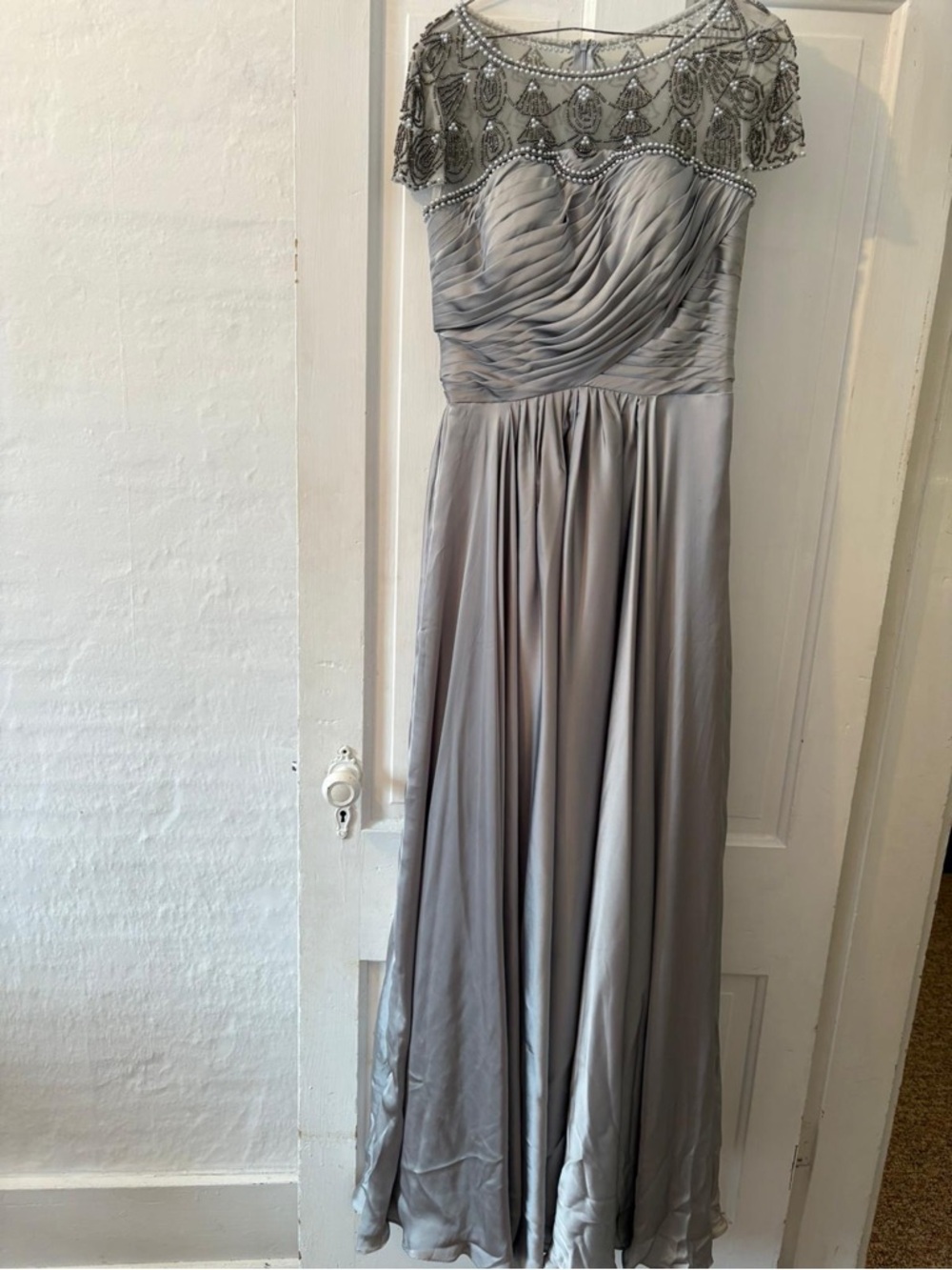 Elegant Silver Beaded Evening Gown